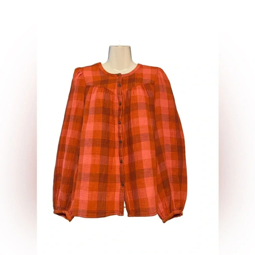 NWT Universal Thread Red Plaid Button Down Gauze Cotton Top